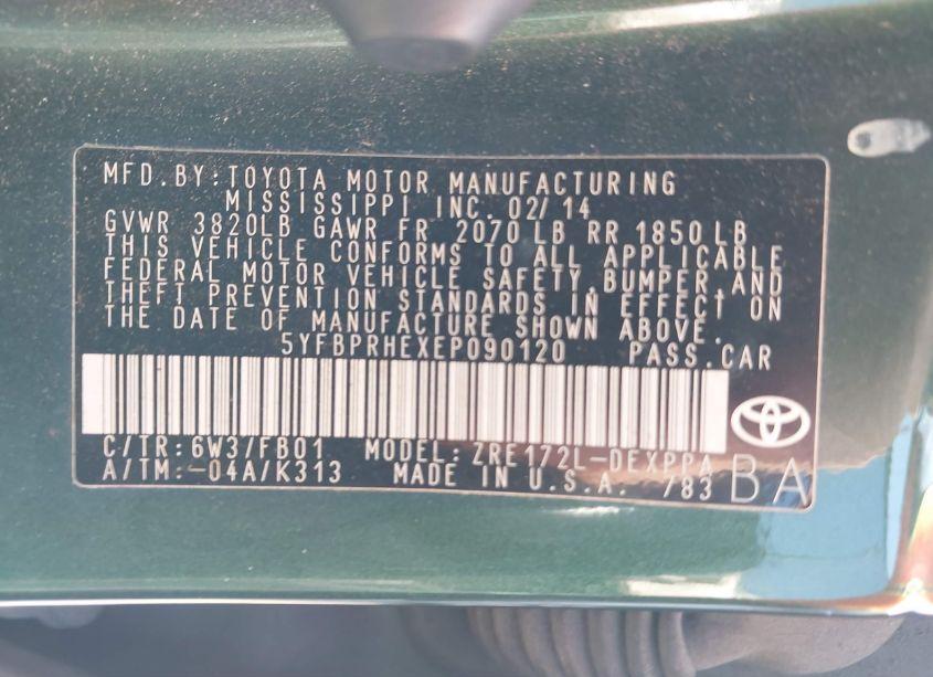 Photo 9 of 2014 Toyota Corolla ECO/ECO PLUS/ECO PREMIUM (VIN 5YFBPRHEXEP090120)