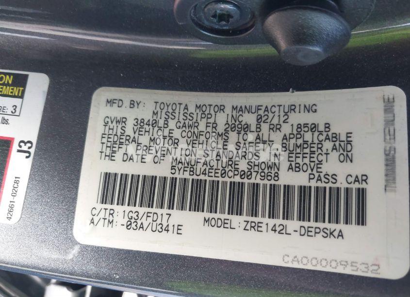 Photo 9 of 2012 Toyota Corolla S (VIN 5YFBU4EE0CP007968)