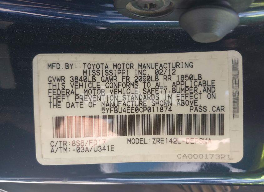 Photo 9 of 2012 Toyota Corolla S (VIN 5YFBU4EE0CP011874)