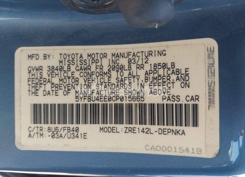 Photo 9 of 2012 Toyota Corolla LE (VIN 5YFBU4EE0CP015665)