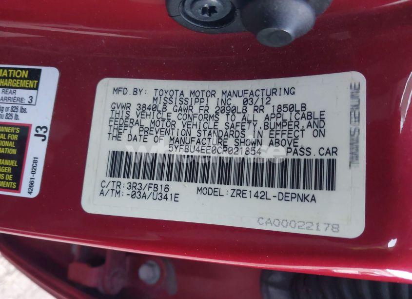 Photo 9 of 2012 Toyota Corolla LE (VIN 5YFBU4EE0CP021854)