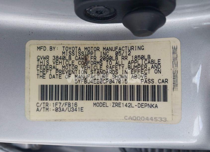 Photo 9 of 2012 Toyota Corolla LE (VIN 5YFBU4EE0CP047015)