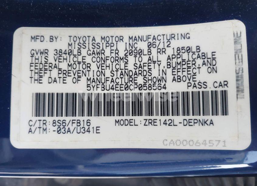 Photo 9 of 2012 Toyota Corolla L/LE/S (VIN 5YFBU4EE0CP058564)