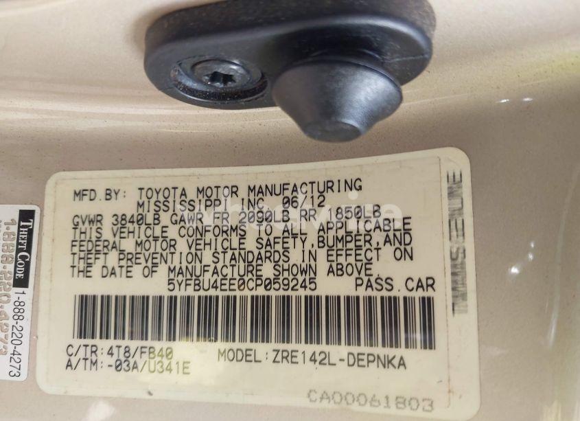 Photo 9 of 2012 Toyota Corolla LE (VIN 5YFBU4EE0CP059245)