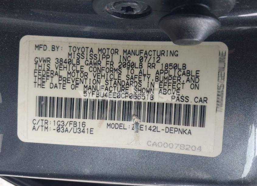 Photo 9 of 2012 Toyota Corolla LE (VIN 5YFBU4EE0CP066518)