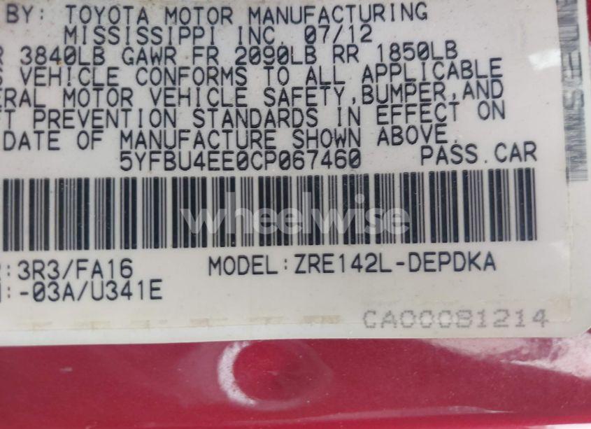 Photo 9 of 2012 Toyota Corolla L (VIN 5YFBU4EE0CP067460)