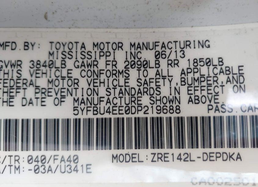 Photo 9 of 2013 Toyota Corolla L (VIN 5YFBU4EE0DP219688)