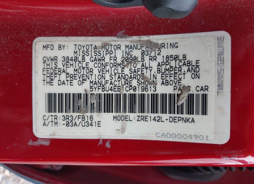 Photo 9 of 2012 Toyota Corolla LE (VIN 5YFBU4EE1CP019613)