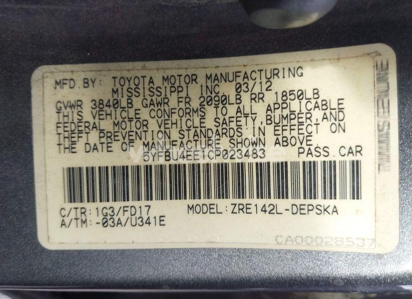 Photo 9 of 2012 Toyota Corolla S (VIN 5YFBU4EE1CP023483)