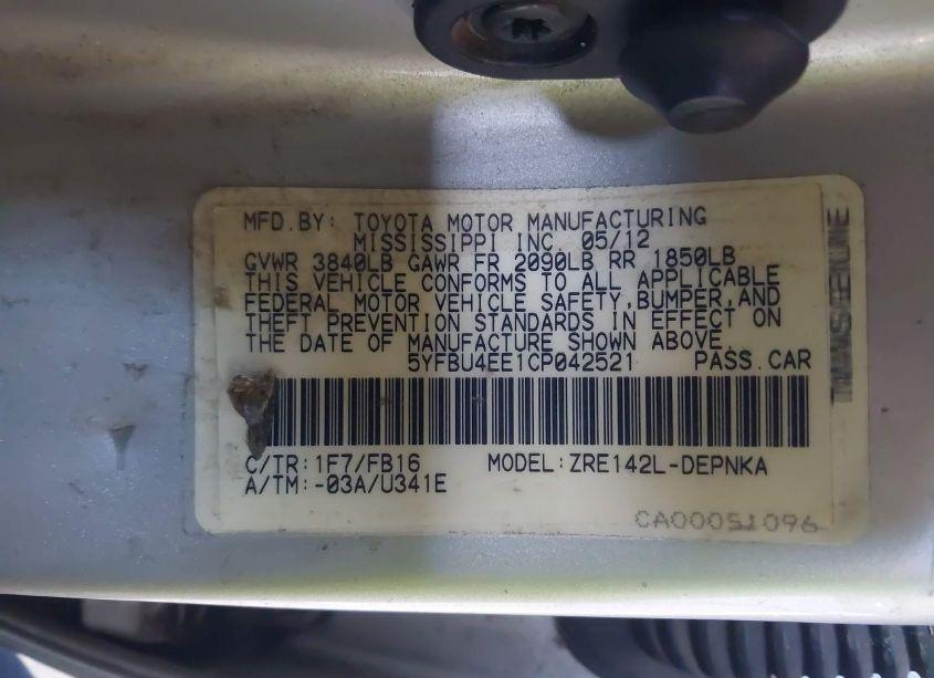 Photo 9 of 2012 Toyota Corolla LE (VIN 5YFBU4EE1CP042521)