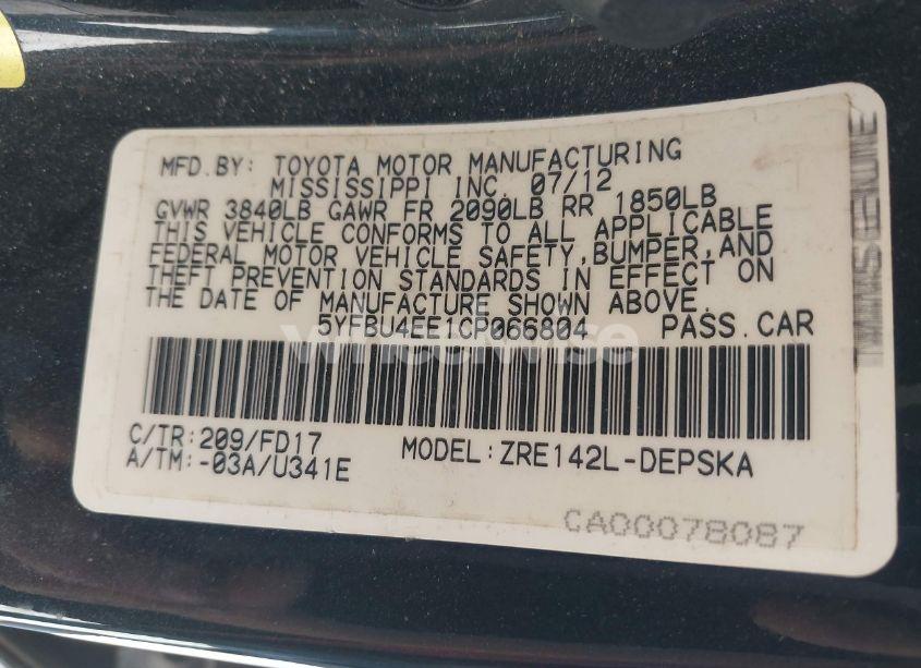 Photo 9 of 2012 Toyota Corolla S (VIN 5YFBU4EE1CP066804)