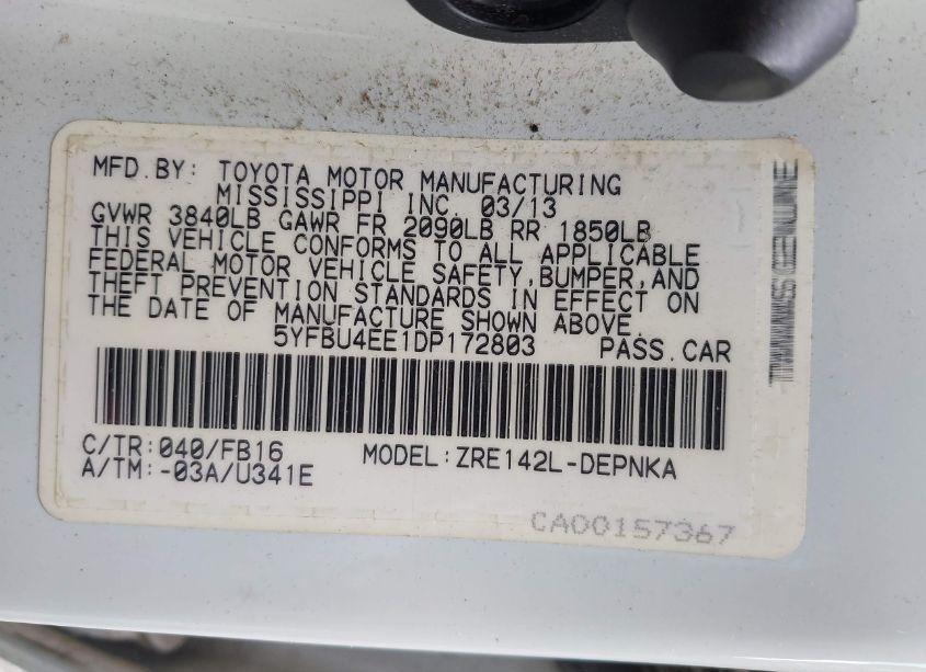 Photo 9 of 2013 Toyota Corolla LE (VIN 5YFBU4EE1DP172803)