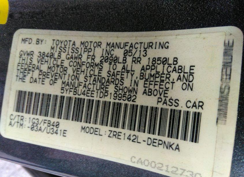 Photo 9 of 2013 Toyota Corolla LE (VIN 5YFBU4EE1DP199502)