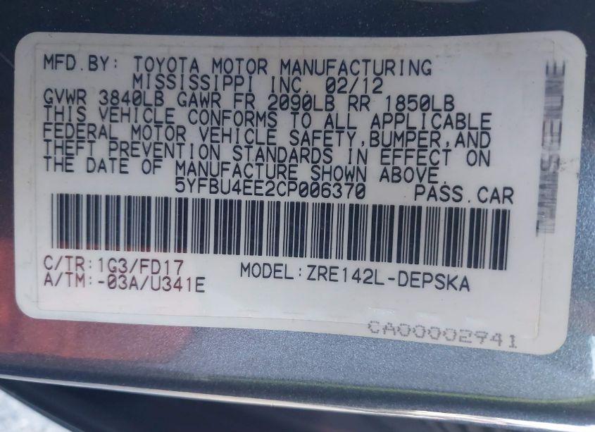 Photo 9 of 2012 Toyota Corolla S (VIN 5YFBU4EE2CP006370)