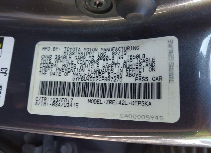 Photo 9 of 2012 Toyota Corolla S (VIN 5YFBU4EE2CP007275)