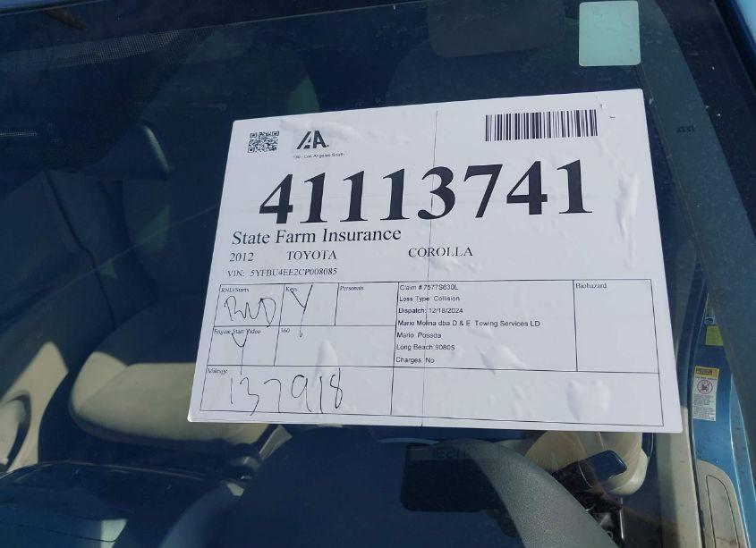 Photo 17 of 2012 Toyota Corolla LE (VIN 5YFBU4EE2CP008085)