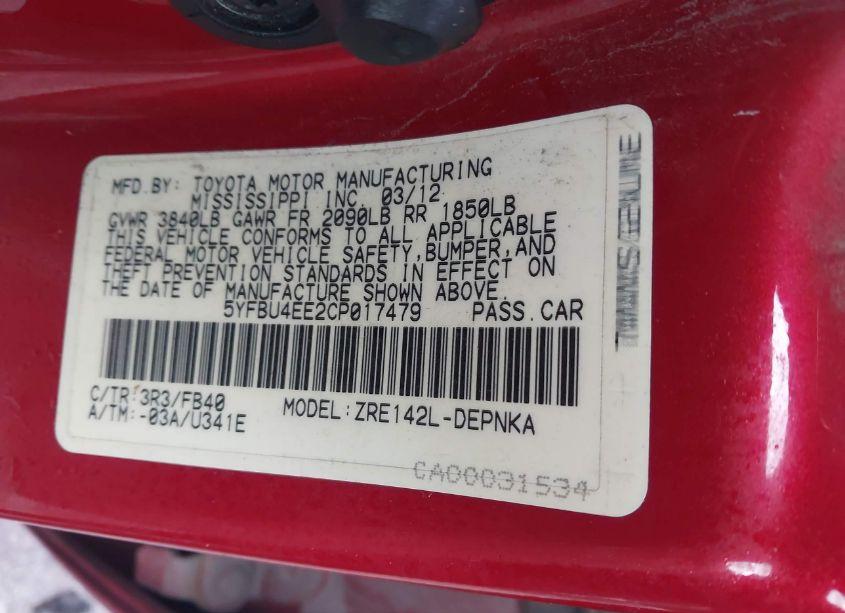 Photo 9 of 2012 Toyota Corolla LE (VIN 5YFBU4EE2CP017479)