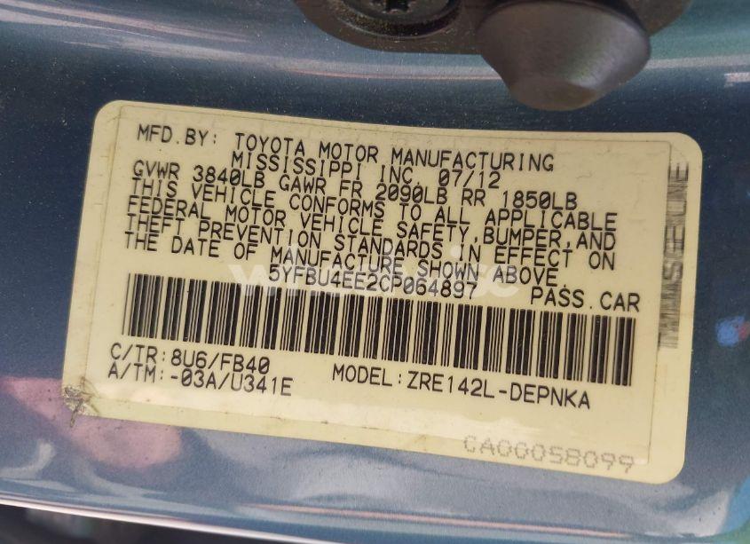 Photo 9 of 2012 Toyota Corolla LE (VIN 5YFBU4EE2CP064897)