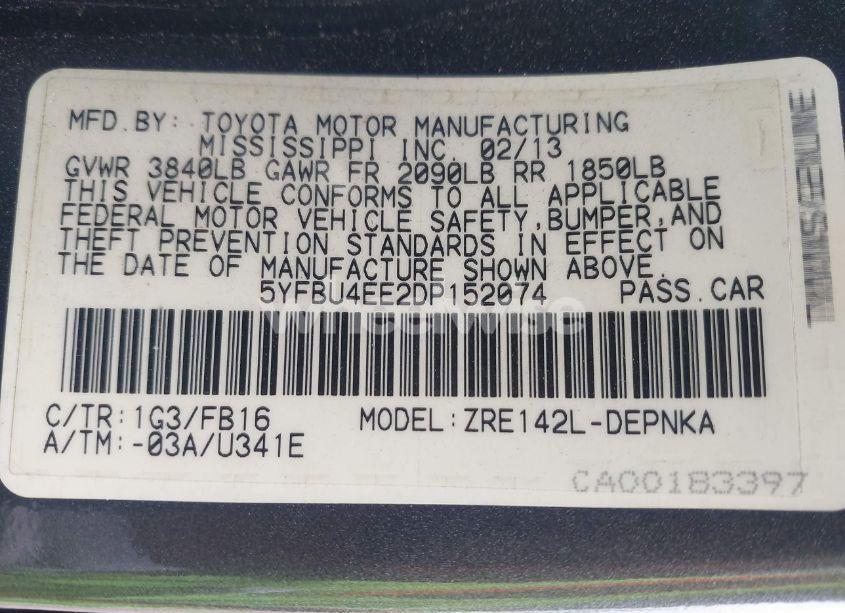 Photo 9 of 2013 Toyota Corolla LE (VIN 5YFBU4EE2DP152074)