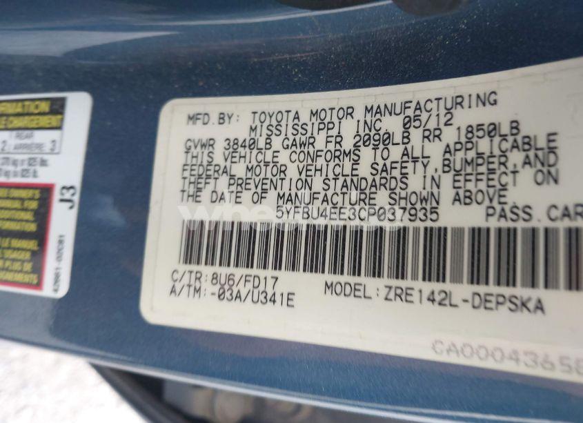 Photo 9 of 2012 Toyota Corolla S (VIN 5YFBU4EE3CP037935)