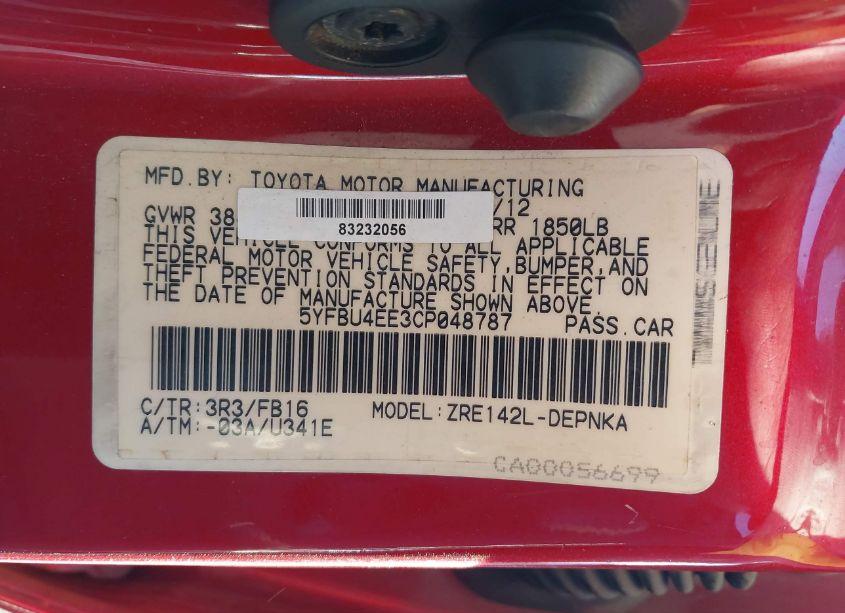 Photo 9 of 2012 Toyota Corolla LE (VIN 5YFBU4EE3CP048787)