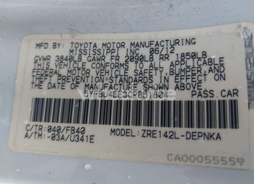 Photo 9 of 2012 Toyota Corolla LE (VIN 5YFBU4EE3CP051804)