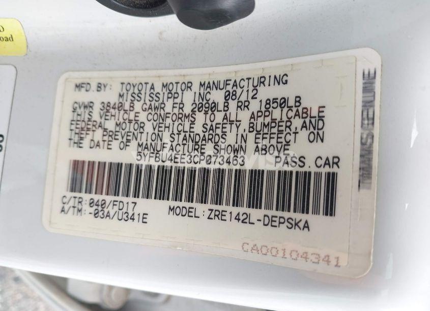 Photo 9 of 2012 Toyota Corolla S (VIN 5YFBU4EE3CP073463)