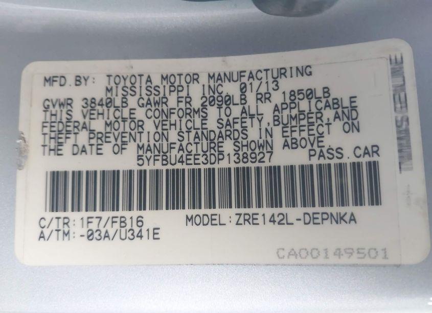 Photo 9 of 2013 Toyota Corolla LE (VIN 5YFBU4EE3DP138927)