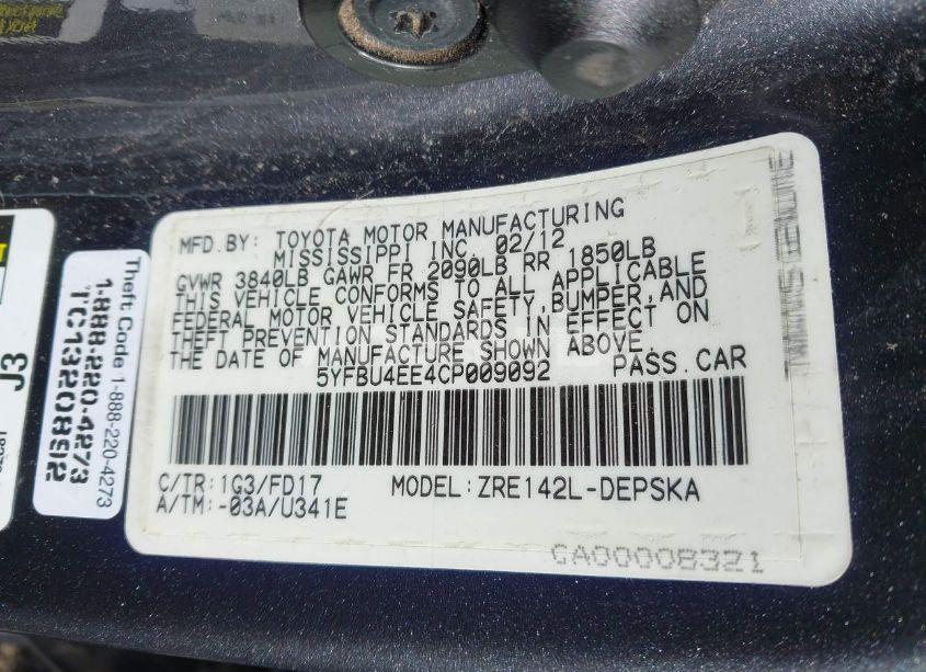 Photo 9 of 2012 Toyota Corolla S (VIN 5YFBU4EE4CP009092)