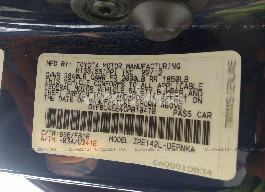 Photo 9 of 2012 Toyota Corolla LE/S/L (VIN 5YFBU4EE4CP010470)