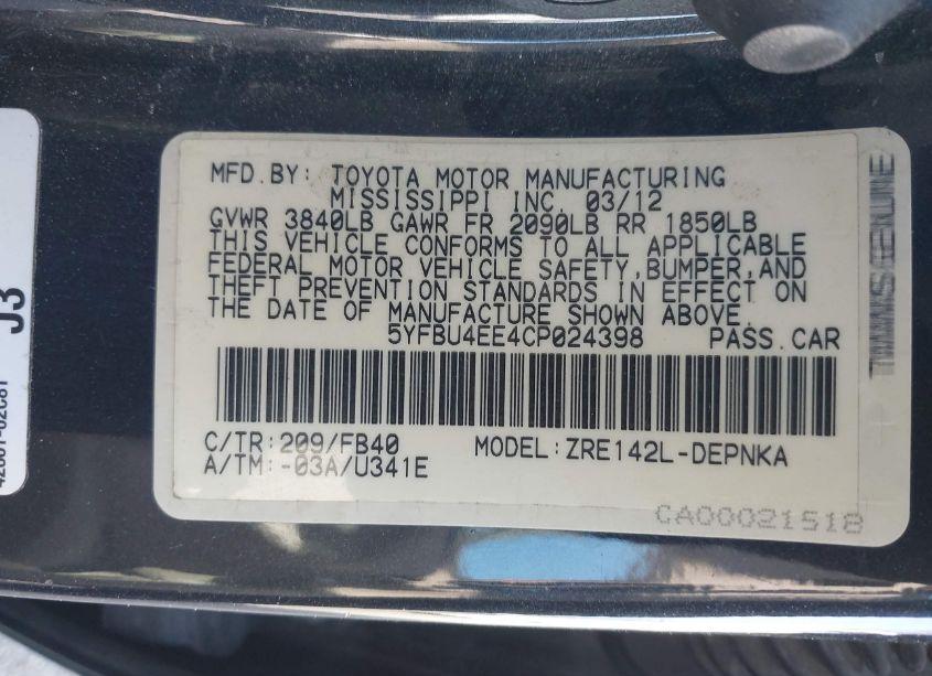 Photo 9 of 2012 Toyota Corolla LE (VIN 5YFBU4EE4CP024398)