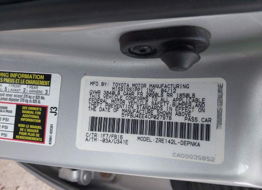 Photo 9 of 2012 Toyota Corolla LE (VIN 5YFBU4EE4CP027978)