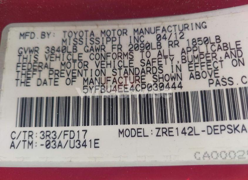 Photo 9 of 2012 Toyota Corolla S (VIN 5YFBU4EE4CP030444)