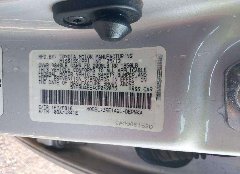 Photo 9 of 2012 Toyota Corolla LE (VIN 5YFBU4EE4CP042075)