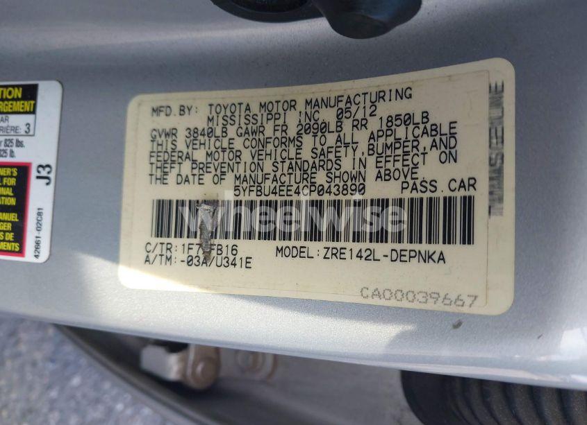 Photo 9 of 2012 Toyota Corolla LE (VIN 5YFBU4EE4CP043890)