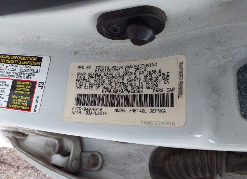 Photo 9 of 2012 Toyota Corolla LE (VIN 5YFBU4EE4CP044568)