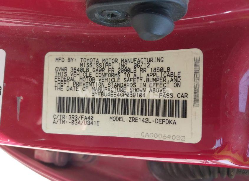 Photo 9 of 2012 Toyota Corolla L (VIN 5YFBU4EE4CP059104)