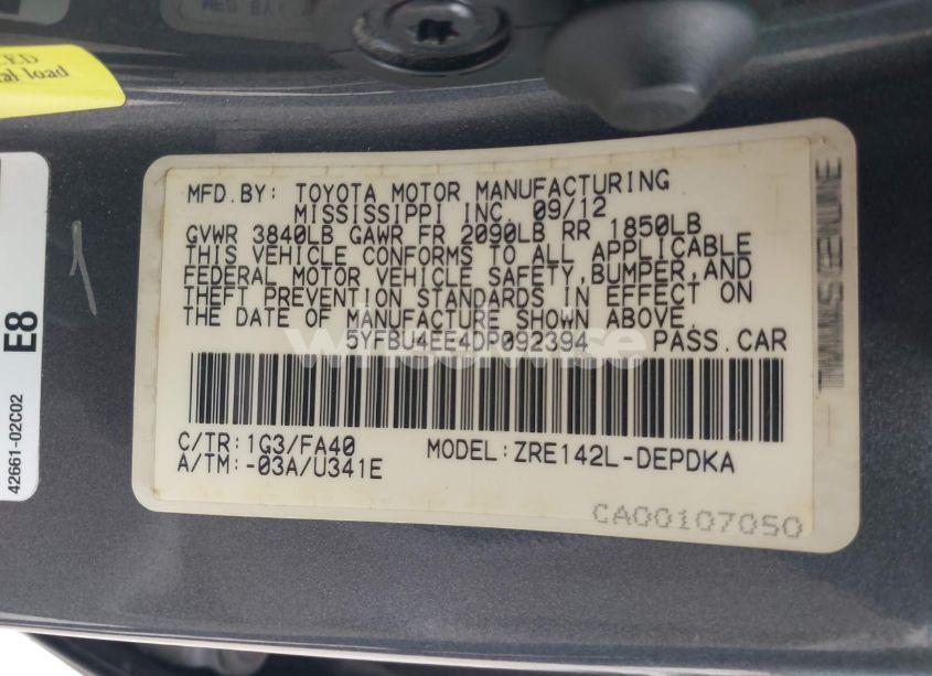 Photo 9 of 2013 Toyota Corolla L (VIN 5YFBU4EE4DP092394)