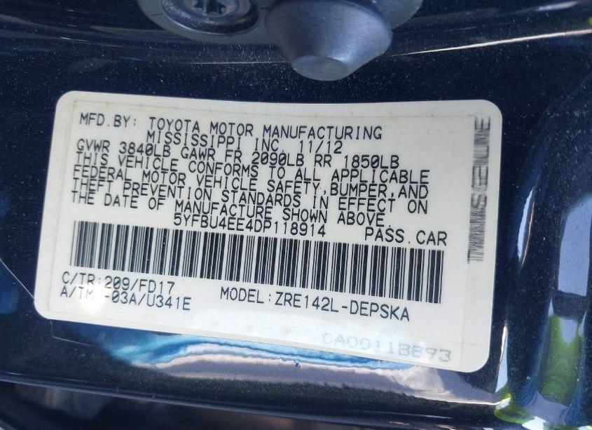 Photo 9 of 2013 Toyota Corolla S/LE (VIN 5YFBU4EE4DP118914)