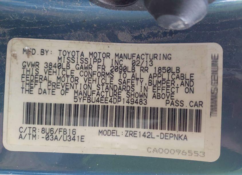 Photo 9 of 2013 Toyota Corolla LE (VIN 5YFBU4EE4DP149483)