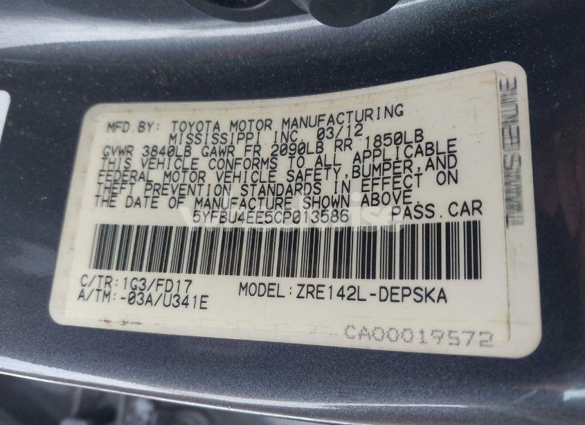 Photo 9 of 2012 Toyota Corolla S (VIN 5YFBU4EE5CP013586)