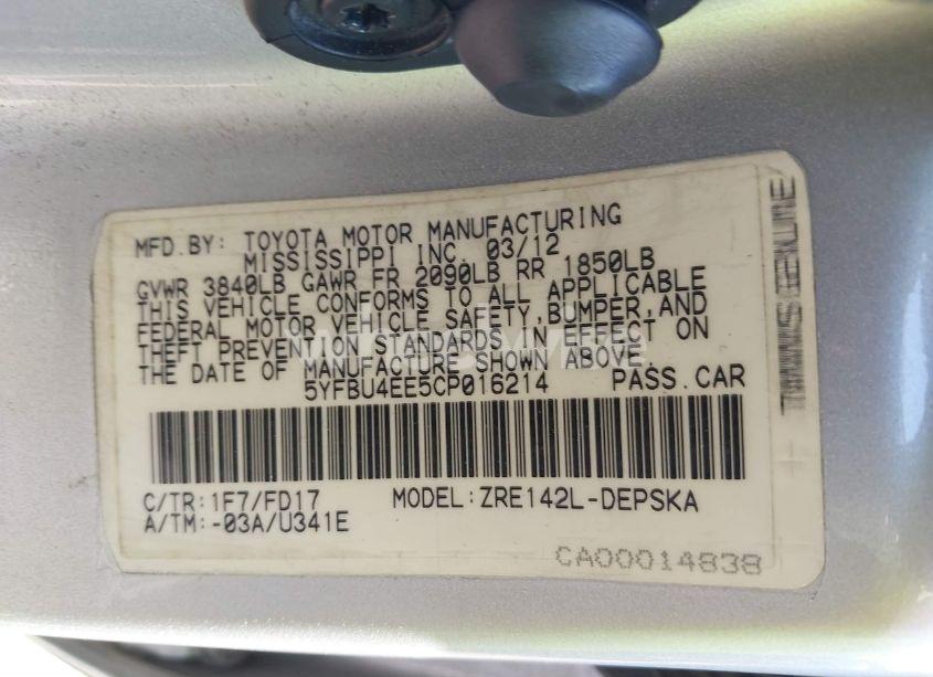 Photo 9 of 2012 Toyota Corolla S (VIN 5YFBU4EE5CP016214)