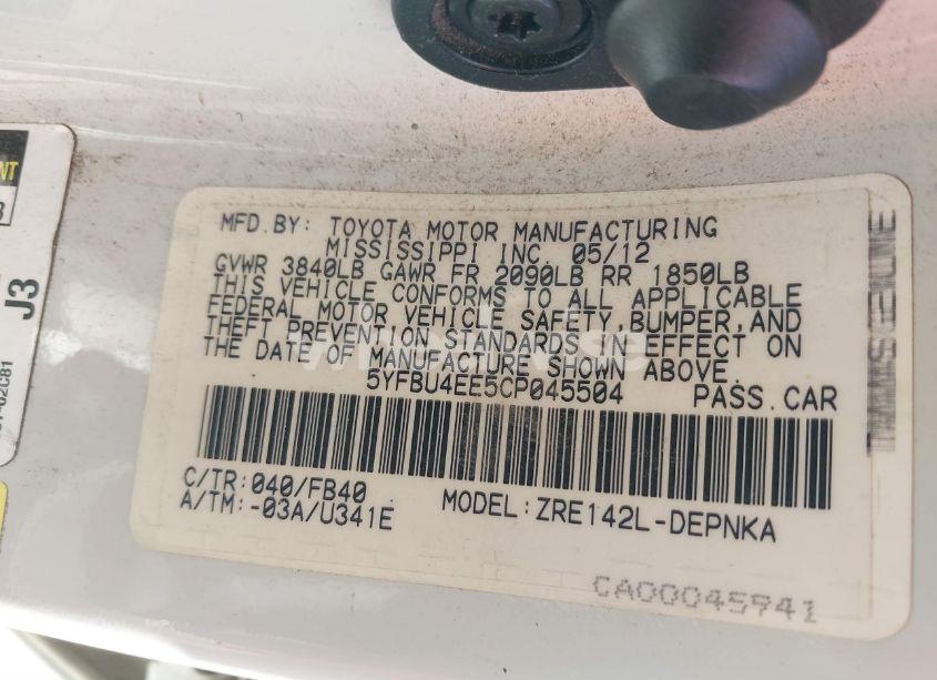 Photo 9 of 2012 Toyota Corolla LE (VIN 5YFBU4EE5CP045504)