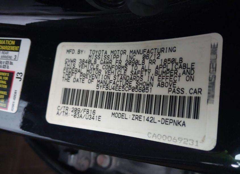 Photo 9 of 2012 Toyota Corolla LE (VIN 5YFBU4EE5CP056051)