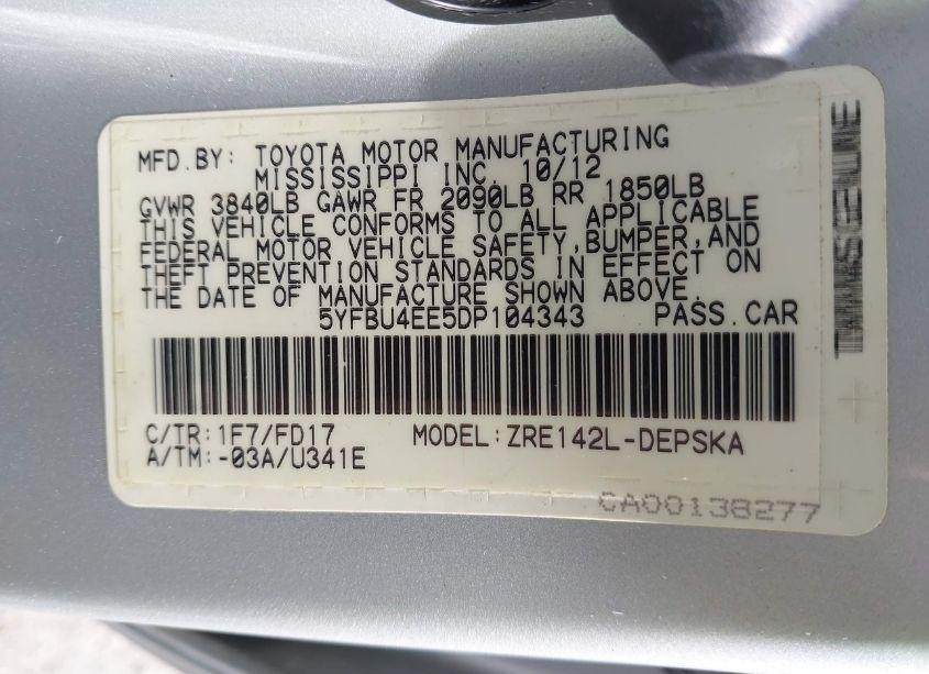 Photo 9 of 2013 Toyota Corolla S (VIN 5YFBU4EE5DP104343)