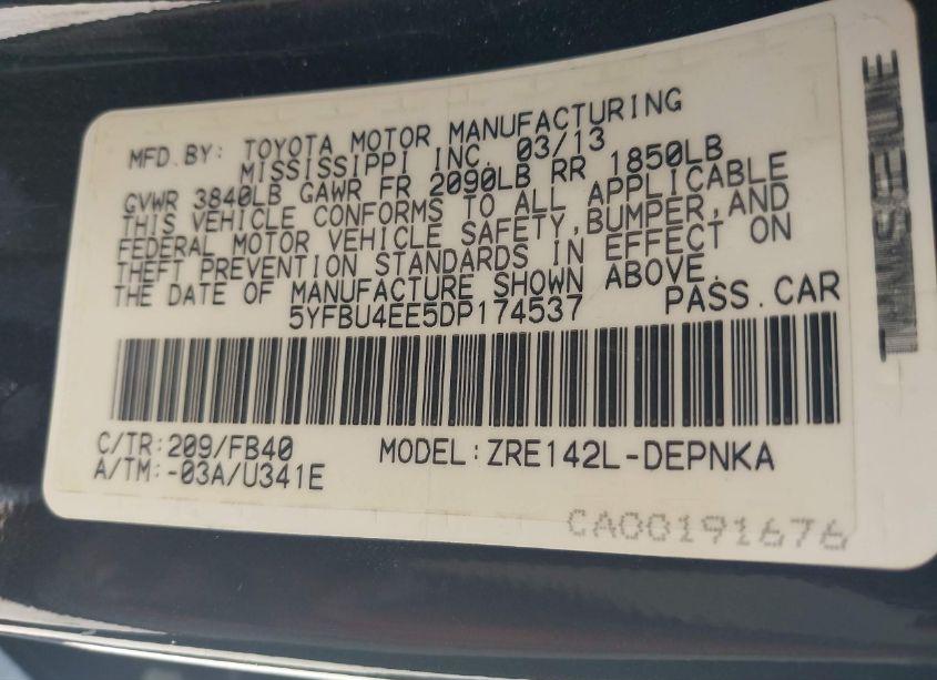 Photo 9 of 2013 Toyota Corolla LE (VIN 5YFBU4EE5DP174537)