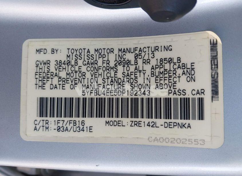 Photo 9 of 2013 Toyota Corolla LE (VIN 5YFBU4EE5DP192343)