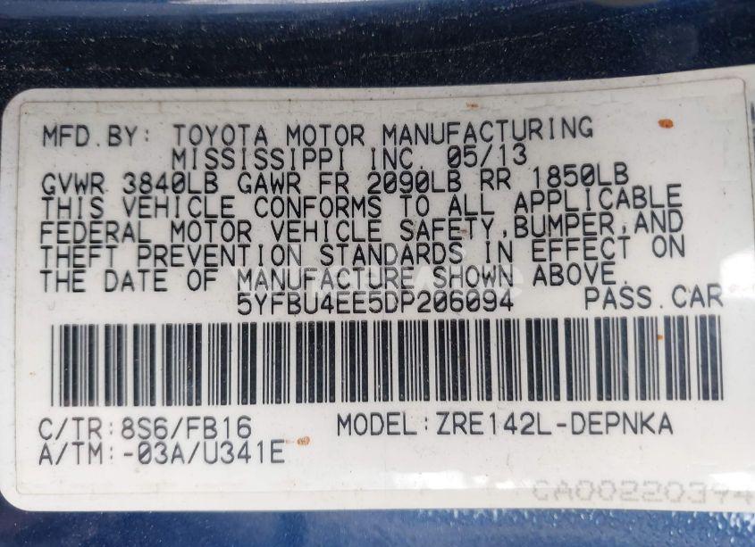 Photo 9 of 2013 Toyota Corolla LE (VIN 5YFBU4EE5DP206094)