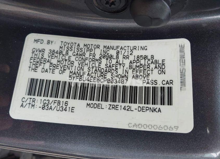 Photo 9 of 2012 Toyota Corolla LE (VIN 5YFBU4EE6CP003407)