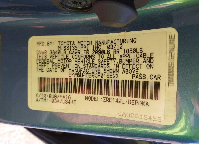 Photo 9 of 2012 Toyota Corolla L (VIN 5YFBU4EE6CP015623)